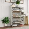 Natural Bohemia Style Shoe Cabinet, Shoe Rack Cabinet With 3 Rattan Flip Drawers, 3 Square Shelves And 1 Storage Drawer, Shoe Organizer With Mulit Storage Space And Hooks For Hallway, Entryway - White - Image 16