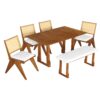 Modern 6 Piece Extendable Dining Table Set With 4 Wicker Back Upholstered Dining Chairs And Long Bench, 2 Removable Leaf - Walnut - Image 8