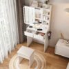 Space Saving Makeup Vanity Desk With Mirror & Adjustable Led Lights, Built-In Power Outlet, Hidden Storage, Includes Stool & Shelf - White - Image 11
