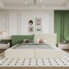 King Modern Upholstered Platform Bed With Storage Space, Sturdy And Stable Solid Wood Frame, Polyester Fabric, Easy To Assemble - Beige - Image 11