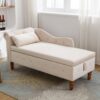 Chaise Lounge Indoor, Velvet Lounge Chair For Bedroom With Storage & Pillow, Modern Upholstered Rolled Arm Chase Lounge For Sleeping With Nailhead Trim For Living Room Bedroom Office - Beige - Image 6