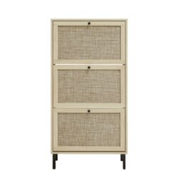 Modern Freestanding Rattan 3 Door Shoe Rack Storage Cabinet For Entryway - Natural Particle Board