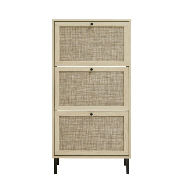 Modern Freestanding Rattan 3 Door Shoe Rack Storage Cabinet For Entryway - Natural Particle Board
