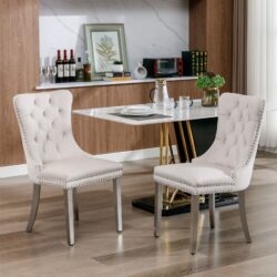Nikki - Modern, High-End Tufted Solid Wood Contemporary Velvet Upholstered Dining Chair With Chrome Stainless Steel Plating Legs, Nailhead Trim (Set of 2) - Beige