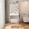 Space Saving Makeup Vanity Desk With Mirror & Adjustable Led Lights, Built-In Power Outlet, Hidden Storage, Includes Stool & Shelf - White - Image 2