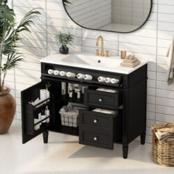 Bathroom Vanity With Top Sink, Modern Bathroom Storage Cabinet, 2 Drawers And A Tip-Out Drawer, Single Sink Bathroom Vanity - Black