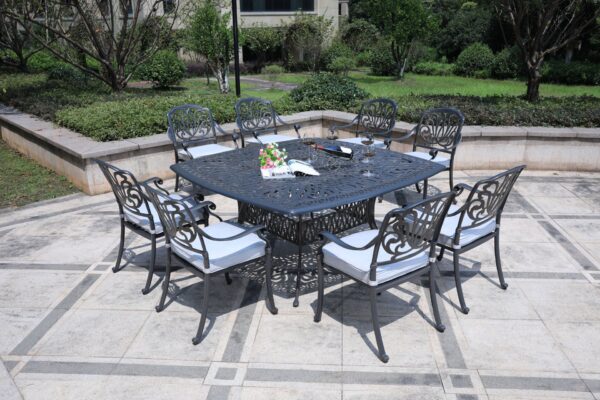 Square 8 Person 64" Long Aluminum Dining Set With Cushions - Dark Gray / White