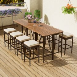10 Piece Outdoor Acacia Wood Bar Height Table And 8 Stools With Cushions, Garden Wicker Dining Table, Foldable Tabletop, High Dining Bistro Set, All-Weather Patio Furniture - Brown