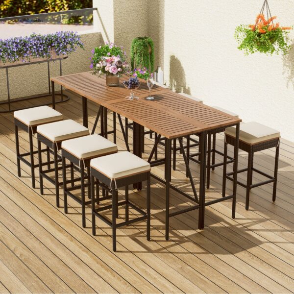 10 Piece Outdoor Acacia Wood Bar Height Table And 8 Stools With Cushions, Garden Wicker Dining Table, Foldable Tabletop, High Dining Bistro Set, All-Weather Patio Furniture - Brown
