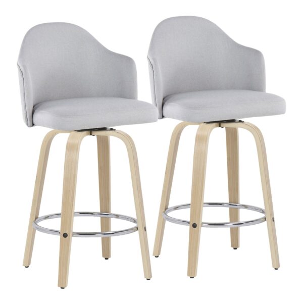 Ahoy - Mid-Century Modern Fixed Height Counter Stool With Natural Legs / Round Chrome Footrest (Set of 2) - Light Gray
