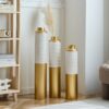 Modern Droplet Shaped Floor Vase Set Honeycomb Design, 3 Piece Metal Decorative Vases For Home Interior Display - Gold / White - Image 24