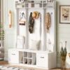 5 In 1 Entryway Bench With Coat Rack, 7 Sturdy Hooks, 2 Spacious Drawers And Adjustable Shelves, Wide Hall Tree With Metal Handles For Hallway - White - Image 11