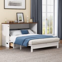 Full Solid Pine Murphy Bed Chest With Charging Station And Large Storage Drawer For Home Office Or Small Room - White / Walnut