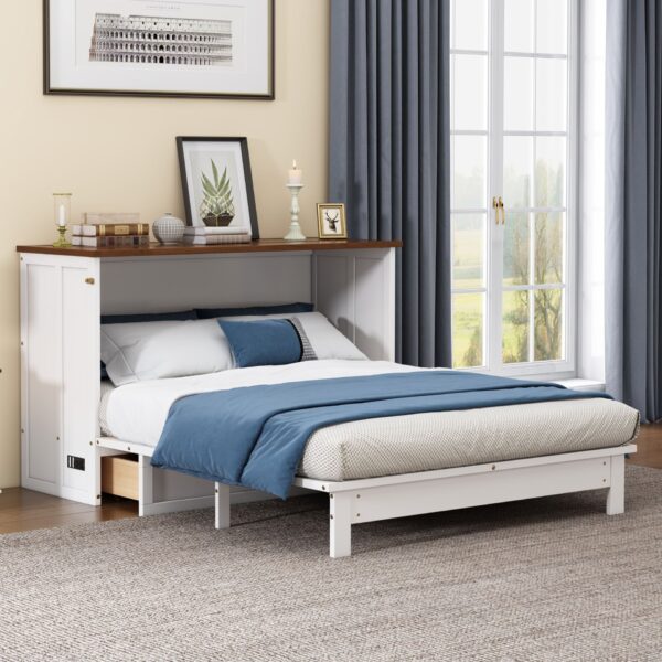 Full Solid Pine Murphy Bed Chest With Charging Station And Large Storage Drawer For Home Office Or Small Room - White / Walnut
