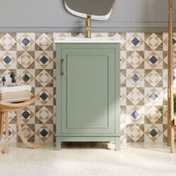 Modern Small Bathroom Vanity Cabinet With Ceramic Basin, Ample Storage, 1 Soft Close Door - Green