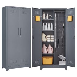 Metal Storage Cabinets, Cleaning Tool Cabinet With Locking Door, Tall Broom Tool Organizer, Large Storage Cabinet For Kitchen - Gray