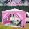 10'X10' Folding Canopy With 4 Removable Sidewalls Outdoor Event Shelter UPF 50+ Gazebo Portable Tents For Parties Beach Camping Wedding Ez Pop Up Canopy 4 Pieces Weight Bag + Carry Bag - Pink - Image 3