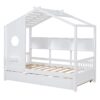 Twin Size House Bed With Trundle, Modern Design For Kids With Storage Shlef - White - Image 4