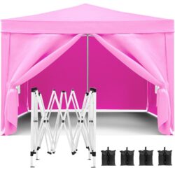10'X10' Folding Canopy With 4 Removable Sidewalls Outdoor Event Shelter UPF 50+ Gazebo Portable Tents For Parties Beach Camping Wedding Ez Pop Up Canopy 4 Pieces Weight Bag + Carry Bag - Pink