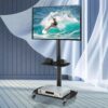 Height And Angle Adjustable Multi-Function Tempered Glass Metal Frame Floor With Lockable Wheels Mobile TV Stand, Lcd / Plasma TV Bracket 2 Tier Tempered Glass Shelves For Multiple Media Devices - Black - Image 2