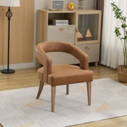 Wide Modern Barrel Open Back Upholstered Accent Chair With Weathered Solid Wood Legs Dining Chairs For Dining Room, Club, Kitchen And Living Room - Brown