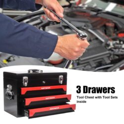 20'' Portable 3 Drawer Steel Toolbox, 4 Layers Of Tools With Metal Latches, With Top Storage Tray And Carrying Handle, Multi Function Tool Storage For Garage, Home, Or Workbench - Black / Red
