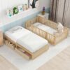 Twin Size Daybed With Fence Guardrails And 2 Drawers, Versatile Split Floor Bed & Daybed - Natural - Image 19