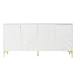 Modern Wood Sideboard Cabinet With Carved Door Panels, Adjustable Shelves, And Sturdy Metal Legs - White