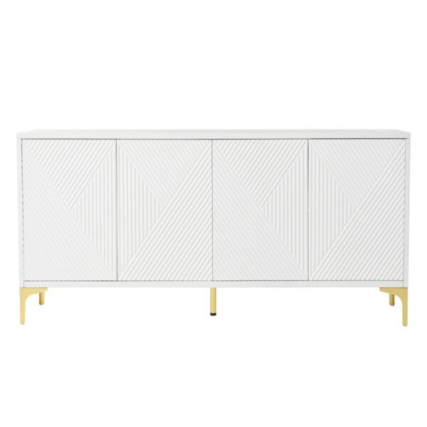 Modern Wood Sideboard Cabinet With Carved Door Panels, Adjustable Shelves, And Sturdy Metal Legs - White