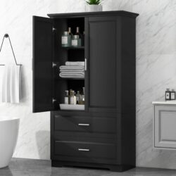 Tall Bathroom Storage Cabinet, Cabinet With 2 Doors And Drawers, Adjustable Shelf - Black