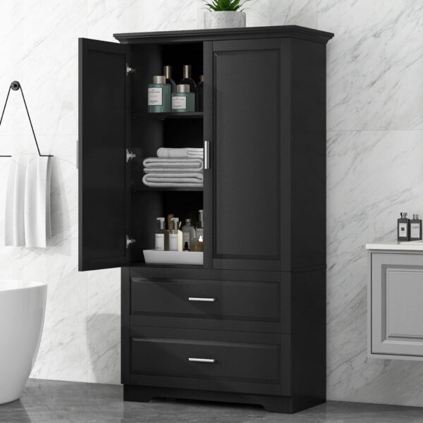 Tall Bathroom Storage Cabinet, Cabinet With 2 Doors And Drawers, Adjustable Shelf - Black