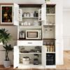 Farmhouse Kitchen Pantry Sideboard With Cabinet And Drawer, Multi Functional Kitchen Buffet With Hutch And Glass Holder, Microwave Stand With Charging Station - Brown / Antique White - Image 7