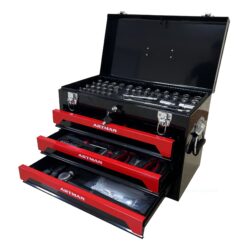 20'' Portable 3 Drawer Steel Toolbox, 4 Layers Of Tools With Metal Latches, With Top Storage Tray And Carrying Handle, Multi Function Tool Storage For Garage, Home, Or Workbench - Black / Red