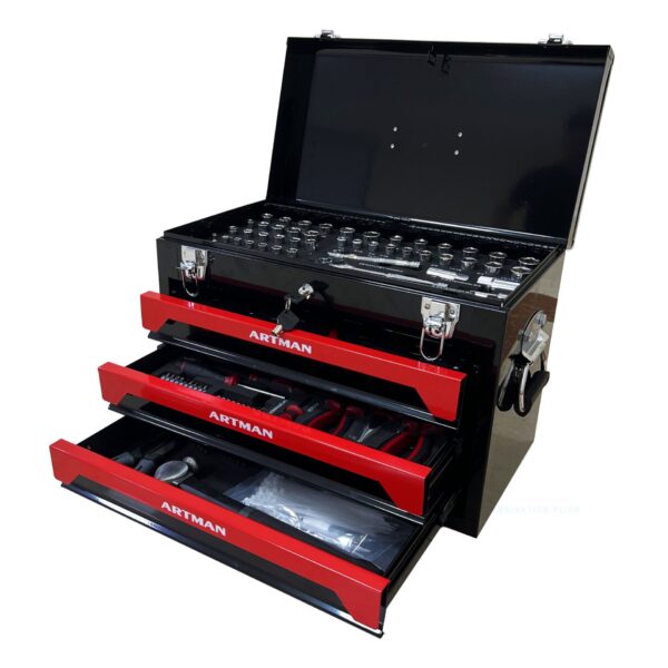 20'' Portable 3 Drawer Steel Toolbox, 4 Layers Of Tools With Metal Latches, With Top Storage Tray And Carrying Handle, Multi Function Tool Storage For Garage, Home, Or Workbench - Black / Red