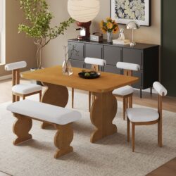 6 Piece Dining Set, Mid-Century Modern Table Set For 6 Persons With 4 Chairs And Bench, Padded Seats And Backrest - Walnut