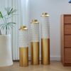 Modern Droplet Shaped Floor Vase Set Honeycomb Design, 3 Piece Metal Decorative Vases For Home Interior Display - Gold / White - Image 5