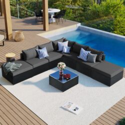 8 Pieces Outdoor Patio Furniture Sets, Garden Conversation Wicker Sofa Set, Single Sofa Combinable - Gray / Black