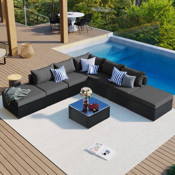 8 Pieces Outdoor Patio Furniture Sets, Garden Conversation Wicker Sofa Set, Single Sofa Combinable - Gray / Black