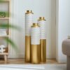 Modern Droplet Shaped Floor Vase Set Honeycomb Design, 3 Piece Metal Decorative Vases For Home Interior Display - Gold / White - Image 4