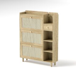 Natural Bohemia Style Shoe Cabinet, Shoe Rack Cabinet With 3 Rattan Flip Drawers, 3 Square Shelves And 1 Storage Drawer, Shoe Organizer With Mulit Storage Space And Hooks For Hallway, Entryway - Natural