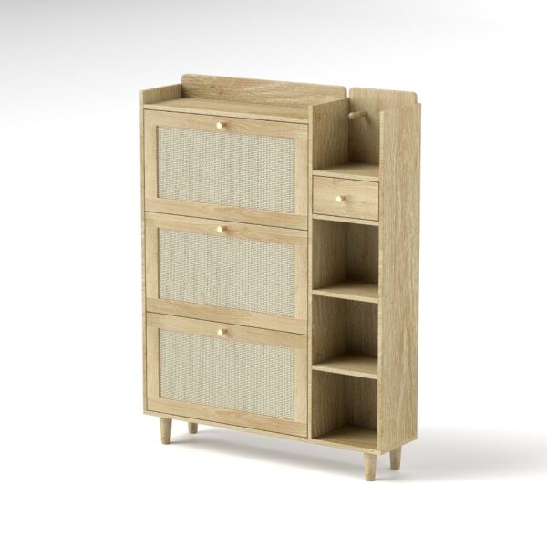 Natural Bohemia Style Shoe Cabinet, Shoe Rack Cabinet With 3 Rattan Flip Drawers, 3 Square Shelves And 1 Storage Drawer, Shoe Organizer With Mulit Storage Space And Hooks For Hallway, Entryway - Natural