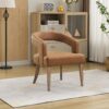 Wide Modern Barrel Open Back Upholstered Accent Chair With Weathered Solid Wood Legs Dining Chairs For Dining Room, Club, Kitchen And Living Room - Brown - Image 5