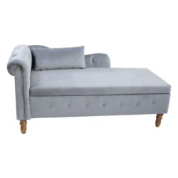 Chaise Lounge Indoor, Velvet Lounge Chair For Bedroom With Storage & Pillow, Modern Upholstered Rolled Arm Chase Lounge For Sleeping With Nailhead Trim For Living Room Bedroom Office - Gray