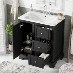 Bathroom Vanity Cabinet With Ceramic Basin, 3 Drawers And Adjustable Shelves - Black