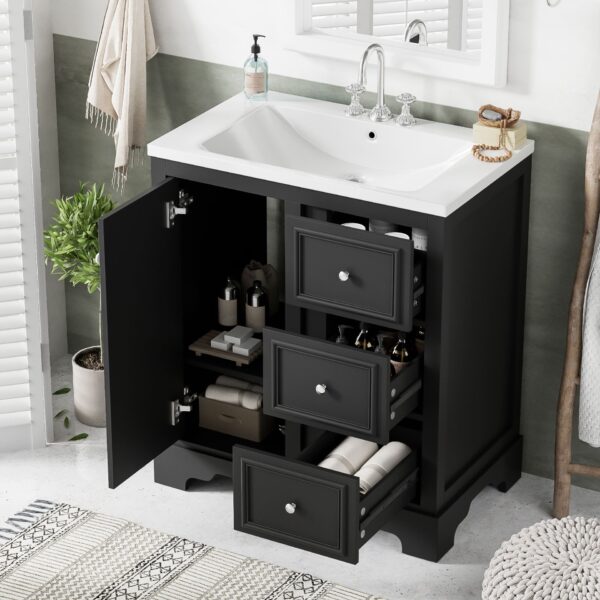 Bathroom Vanity Cabinet With Ceramic Basin, 3 Drawers And Adjustable Shelves - Black