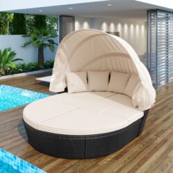 Outdoor Rattan Daybed Sunbed With Retractable Canopy Wicker Furniture, Round Outdoor Sectional Sofa Set - Black Wicker Furniture Clamshell Seating With Washable Cushions, Backyard, Porch - Beige