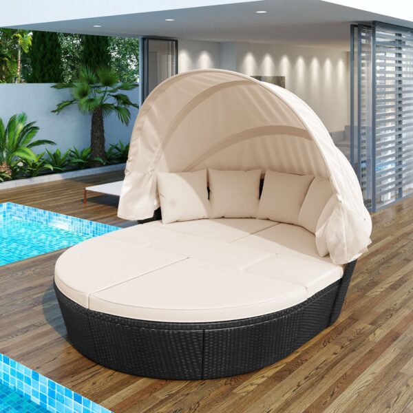 Outdoor Rattan Daybed Sunbed With Retractable Canopy Wicker Furniture, Round Outdoor Sectional Sofa Set - Black Wicker Furniture Clamshell Seating With Washable Cushions, Backyard, Porch - Beige