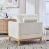 Wide Modern Farmhouse Performance Accent Chair With Natural Wood Legs, Wood Base Reading Armchair Single Sofa With 2 Bolster Pillows For Living Room Offices And Lounge - Ivory - Image 6