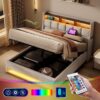 Queen Size Upholstered Platform Bed With A Hydraulic Storage System, LED And USB Charging (Without Mattress) - Natural - Image 19