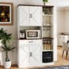 Farmhouse Kitchen Pantry Sideboard With Cabinet And Drawer, Multi Functional Kitchen Buffet With Hutch And Glass Holder, Microwave Stand With Charging Station - Brown / Antique White - Image 25